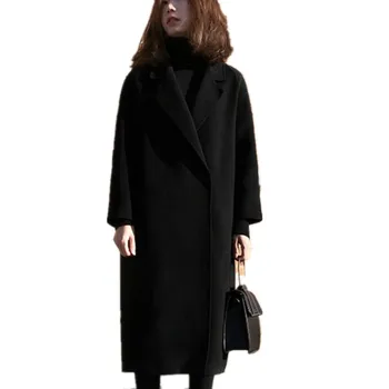 

plus size 3XL!autumn winter fashion turn down collar woolen coat women loose black wool blneds coat