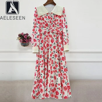 

AELESEEN 2020 Spring Fashion Runway Casual Dress Women's Long Sleeve Rose Flower Floral Print Holiday Midi Elegant Dress