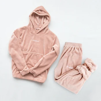 

2020 New Women Cute Pajamas Sets Velvet 2 Pieces Sleepwear Suit Hoodies Sweatshirt Sweatpants Solid Nightwear Homewear Suit