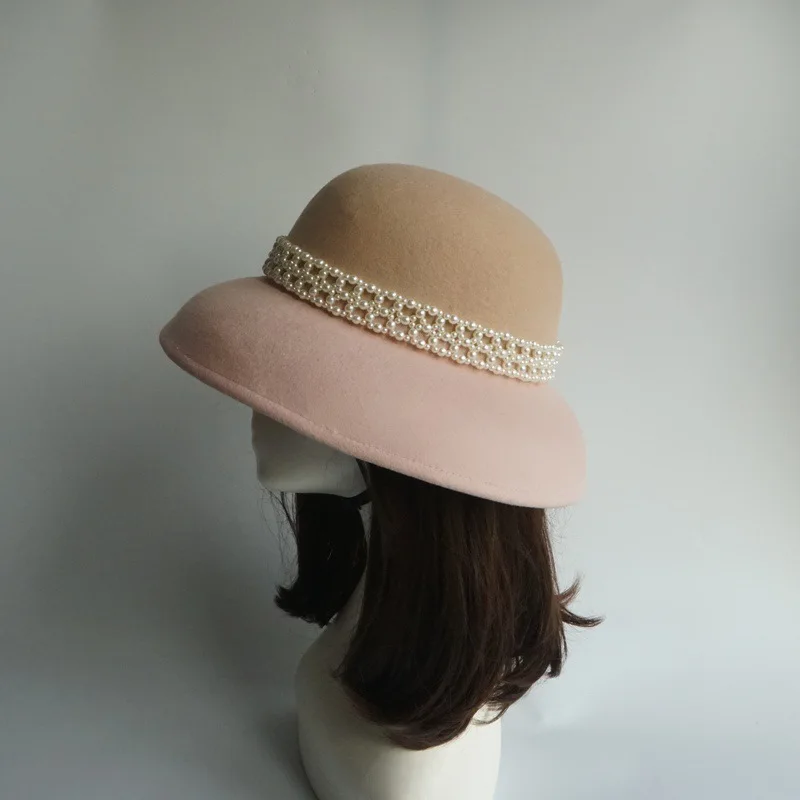pink brim 01910-panshi Розовый Цвет Лоскутная жемчужная лента шерсть Зимний Элегантный Хепберн Стиль леди досуг ведро Кепка для женщин ужин формальная шляпа - Color: pink brim