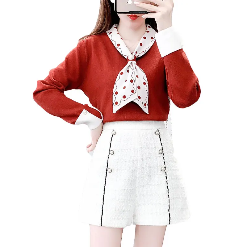 

Spring Autumn Women Knit Top Bow Decor Western Style Fashionable Wide-Legged Short Pants Twinset Sweater Beading Outfit SALE