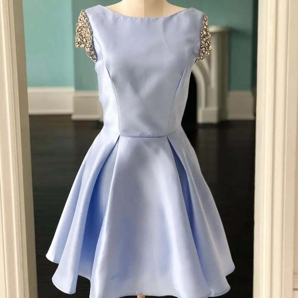 Vestido de formatura платье для выпускного вечера светло-голубое платье с карманом, украшенные бисером Короткие рукава
