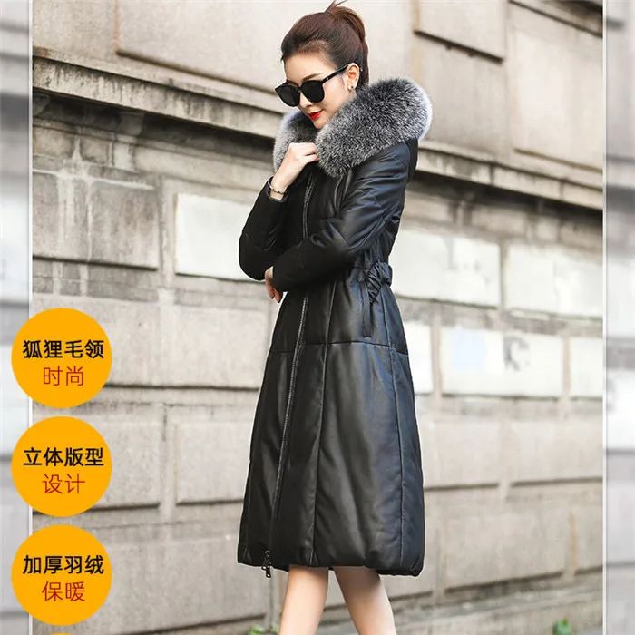Jacket Women Winter Genuine Leather Jacket Womens Duck Down Jacket Fox Fur Collar Plus Size Long Overcoat Sheepskin Coat Q110