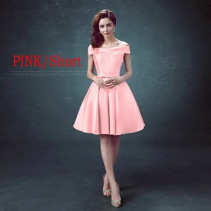 PINK-SHORT Erosebridal, атласное вечернее платье для женщин, 3 стиля, длина(длинная/Средняя/короткая), на шнуровке, сзади, с открытыми плечами, официальное платье, простой дизайн - Цвет: PINK-SHORT