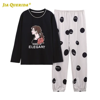 

Ladies Pjs Woman New Cartoon Printing Sleepwear Fashion Casual Style Woman Clothes Crew Neck Pajamas Set Pj Set Spring Autumn