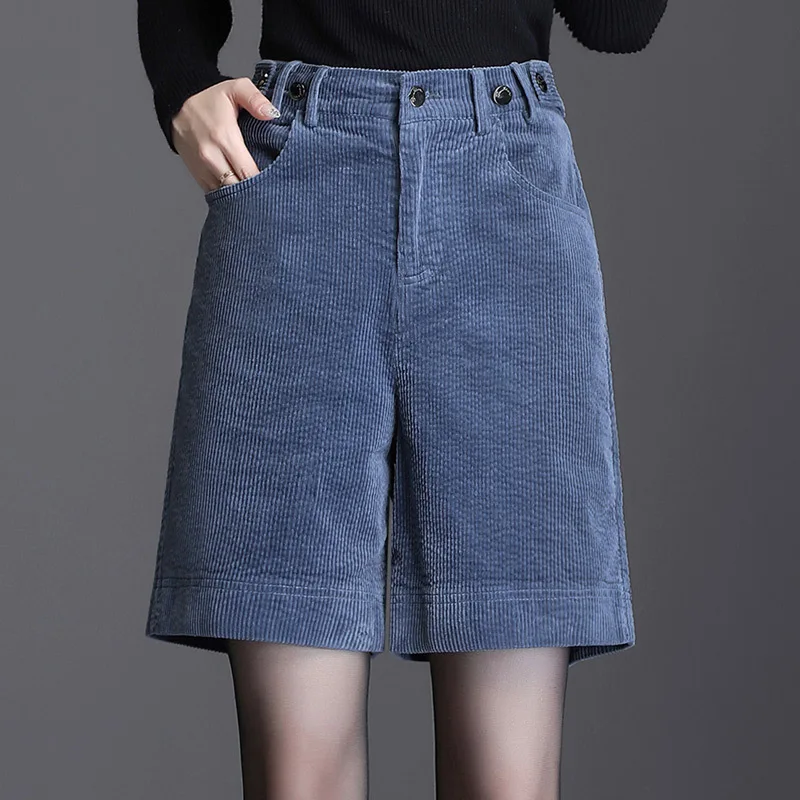 KoHuiJooo осенние свободные вельветовые шорты женские тонкие с высокой талией широкие брюки карго шорты большие размеры повседневные шорты 4xl - Цвет: Синий