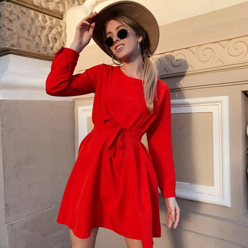 Женское винтажное платье трапециевидной формы с поясом, вечерние мини-платье с длинным рукавом и круглым вырезом, однотонное Элегантное повседневное платье, осень, новое модное женское платье - Цвет: Красный