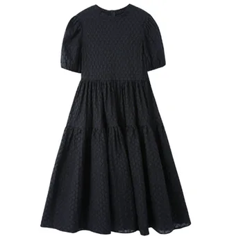 

47SXC02 2020 French Puff Sleeve Dress Designer Embossed Texture Long Black Big Swing Salt And Sweet Dress