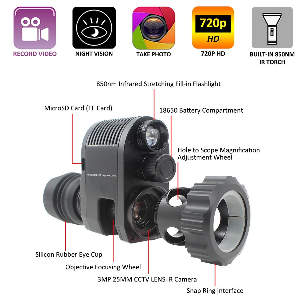 US $149.70 Megaorei 3 Night Vision 720p HD Hunting Camera Camcorder Portable Rear Scope Add on Attachment with Builtin 850nm IR Torch