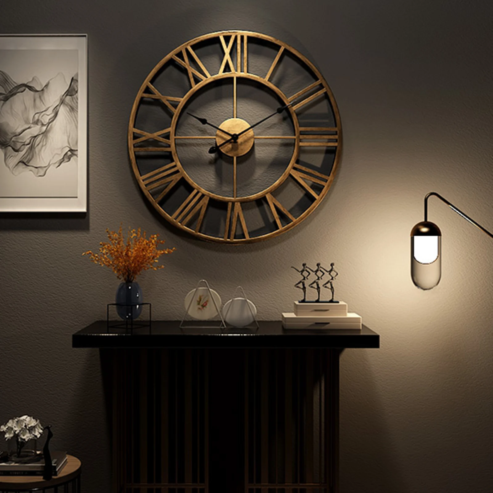 H0_V 60cm Large Metal Retro Silent Wall Clock Non Ticking Wall Clocks for Living Room Bedroom Office Bar Decor Black 
