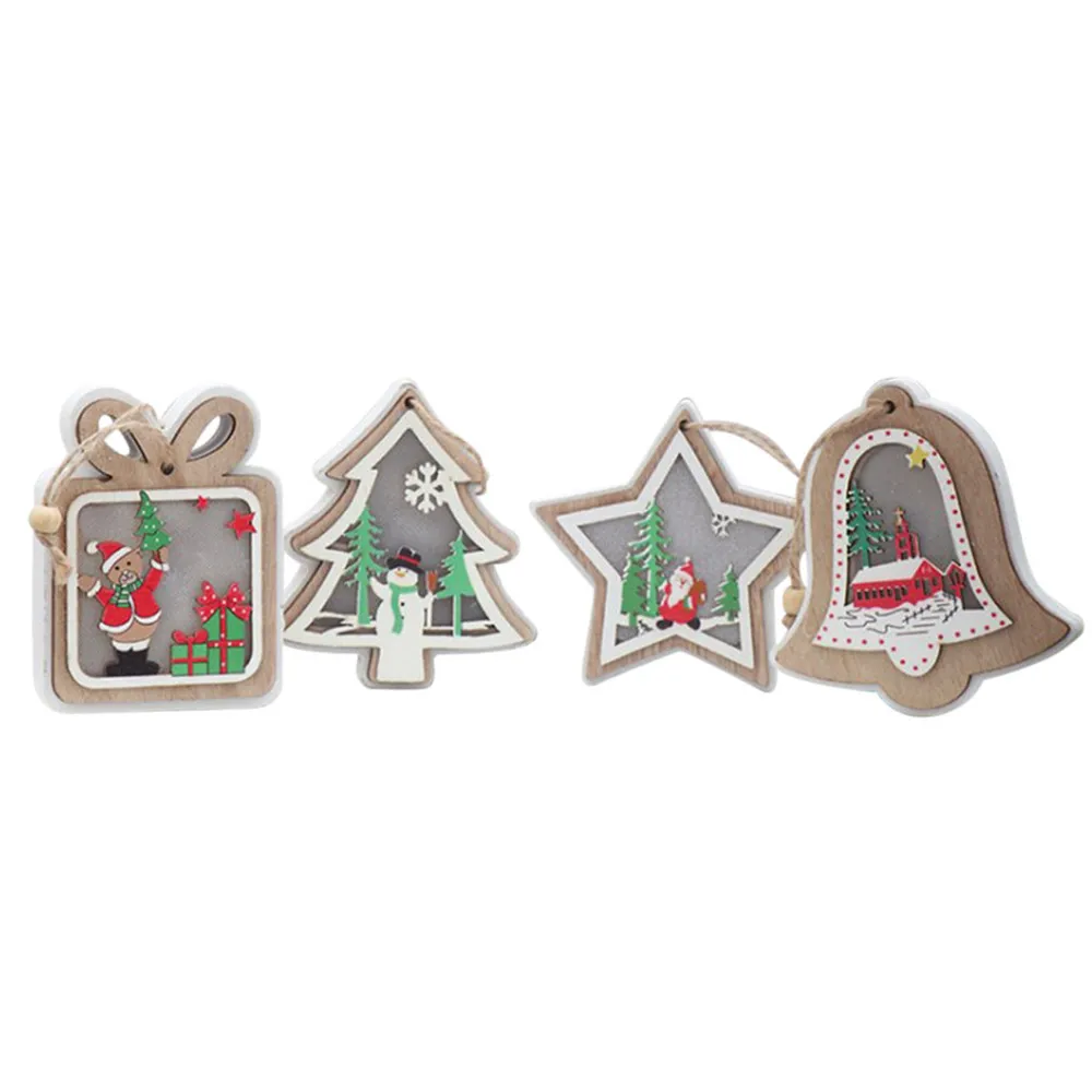 4PCS Christmas Glowing Wooden Pendant Christmas Tree Hanging Xmas Decoration Christmas Tree Pendants Kids Gifts