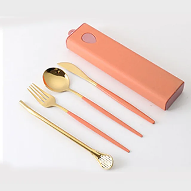 3PCs/4PCs Glossy Stainless Steel Tableware Spoon Fork Knife Straw Reusable Travel Cutlery Set Camp Utensils Set Portable Case A-Hot Pink