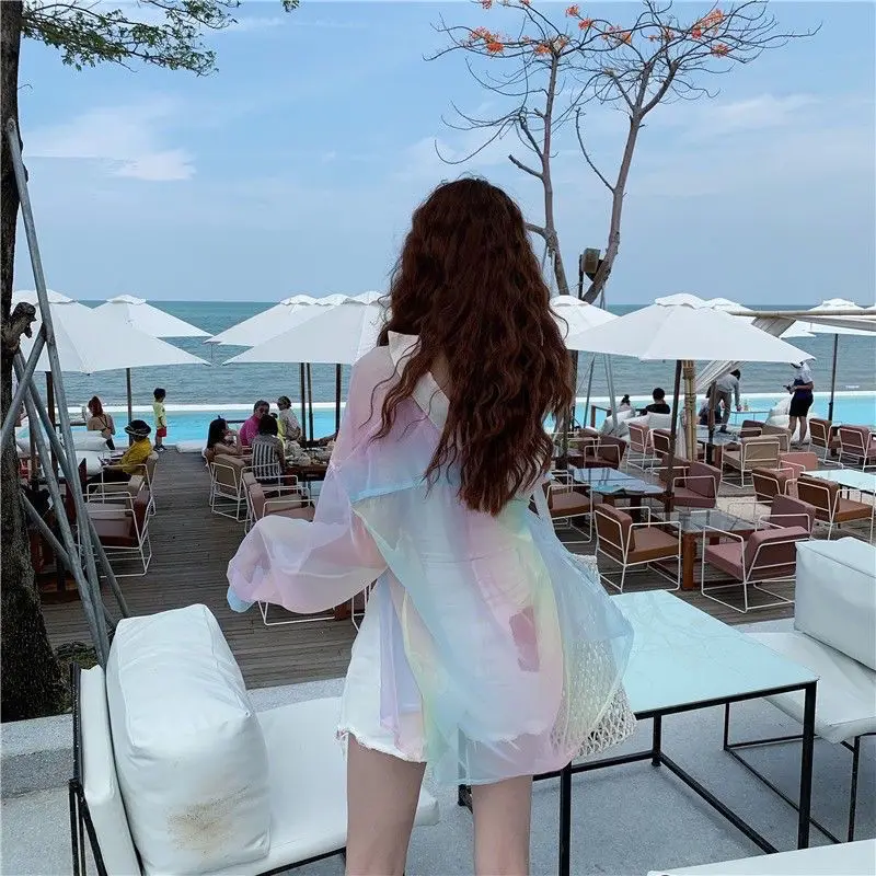 여성용 그라데이션 레인보우 셔츠, 우아한 휴일 야외 자외선 차단 반투명 긴팔 아우터, 부드러운 한국 패션