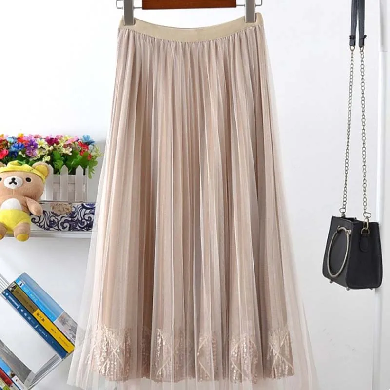 Gold Velvet High Waist Pleated Skirt Mesh Tulle Lace Stitching Sequin Bead Plus Size Two-tiered black Long Skirts women Clothes