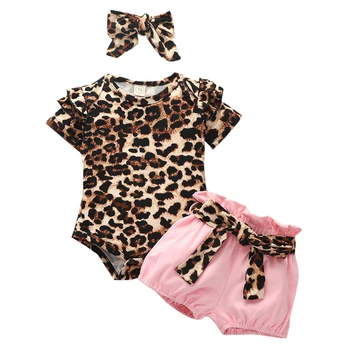 

Baby Girls Outfits Wholesale Leopard print Newborn Clothes Bodysuit+Pant+Headband Baby Girl Summer Clothes for 9-12 Months D30