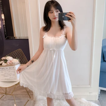 

Tube top dress nightwear with chest pad modal home service fairy lace strap nightdress summer sexy court style sleep dress robe