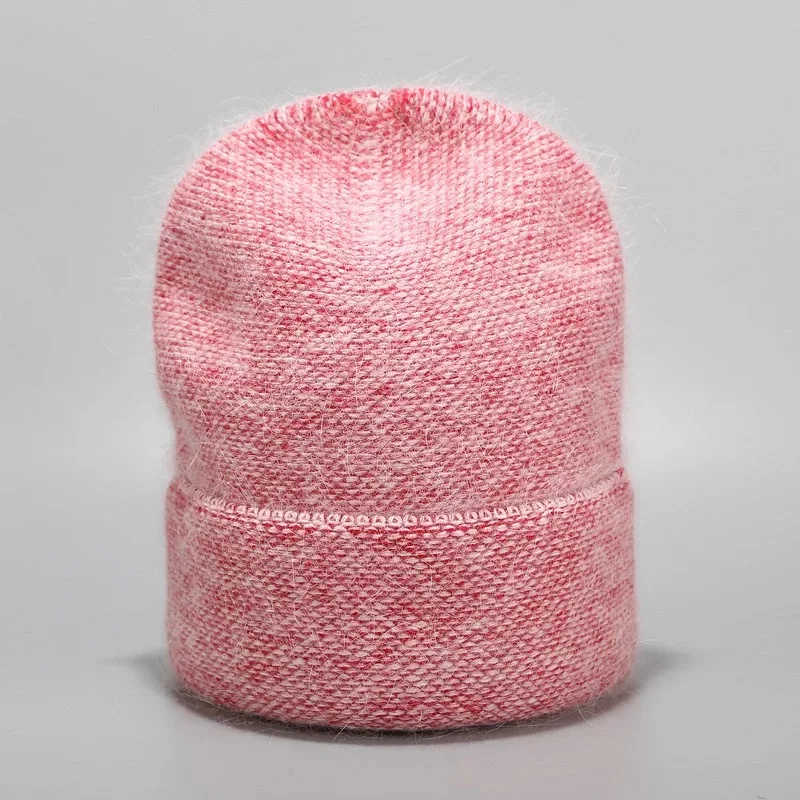 pink OMEA НОВАЯ шапка из меха кролика ангоры Женская Шапка Лыжная Вязаная кашемировая зимняя Лыжная шапочка для мужчин подарок на Рождество хлопковые шапки для девочек розового цвета - Цвет: pink