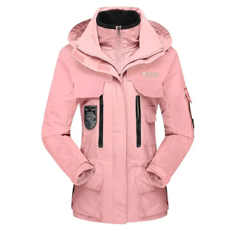 PINK Новые женские зимние 2 шт внутри хлопковые спортивные куртки для улицы водонепроницаемые термальный поход лыжные горные альпинистские ветровки пальто S-4XL - Цвет: PINK