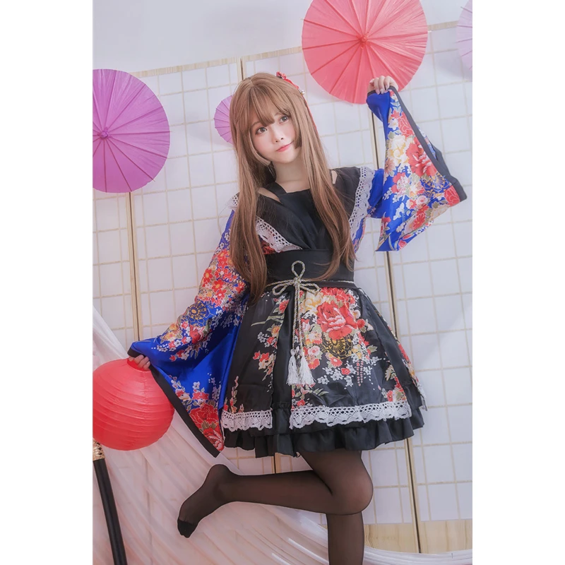 Blue Lovelive/кимоно для девочек; платье японского аниме Kawaii; маскарадные костюмы с цветочным рисунком; причудливая Восточная юката; женская кружевная праздничная одежда в стиле Лолиты - Цвет: Blue