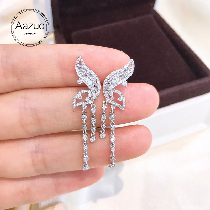 Aazuo 18K Pure Solid White Gold Real Diamonds 0.75ct Fairy Butterfly Drop Chain Earrings Gift For Women Engagement Party Au750