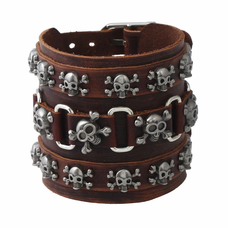 7cm Wide Genuine Leather Wrap Bracelet Punk Rock Skull Head Cuff Bangles 2020 Fashion Jewelry For Men | Украшения и аксессуары