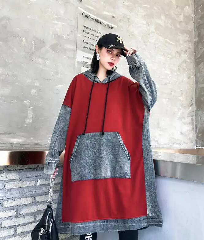 Красный Женская одежда Женская Повседневная джинсовая куртка с капюшоном Осенняя верхняя одежда размера плюс длинная свободная джинсовая куртка с капюшоном - Цвет: Красный