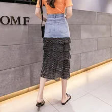 Новинка, летняя женская джинсовая юбка, Лоскутная, высокая талия, горошек, шифон, компрессионная, складка, длинный хвост, юбки, белый, черный, 8105