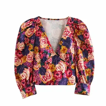 

Women Vintage pleats puff sleeve floral print casual smock blouses female retro v neck Brand short shirts femininas tops LS6156