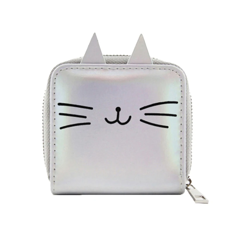 

New Cartoon Cat Short PU Student Small Wallet Women Laser Kitty Coin Purse Mini Cards Coins Zipper Pouch