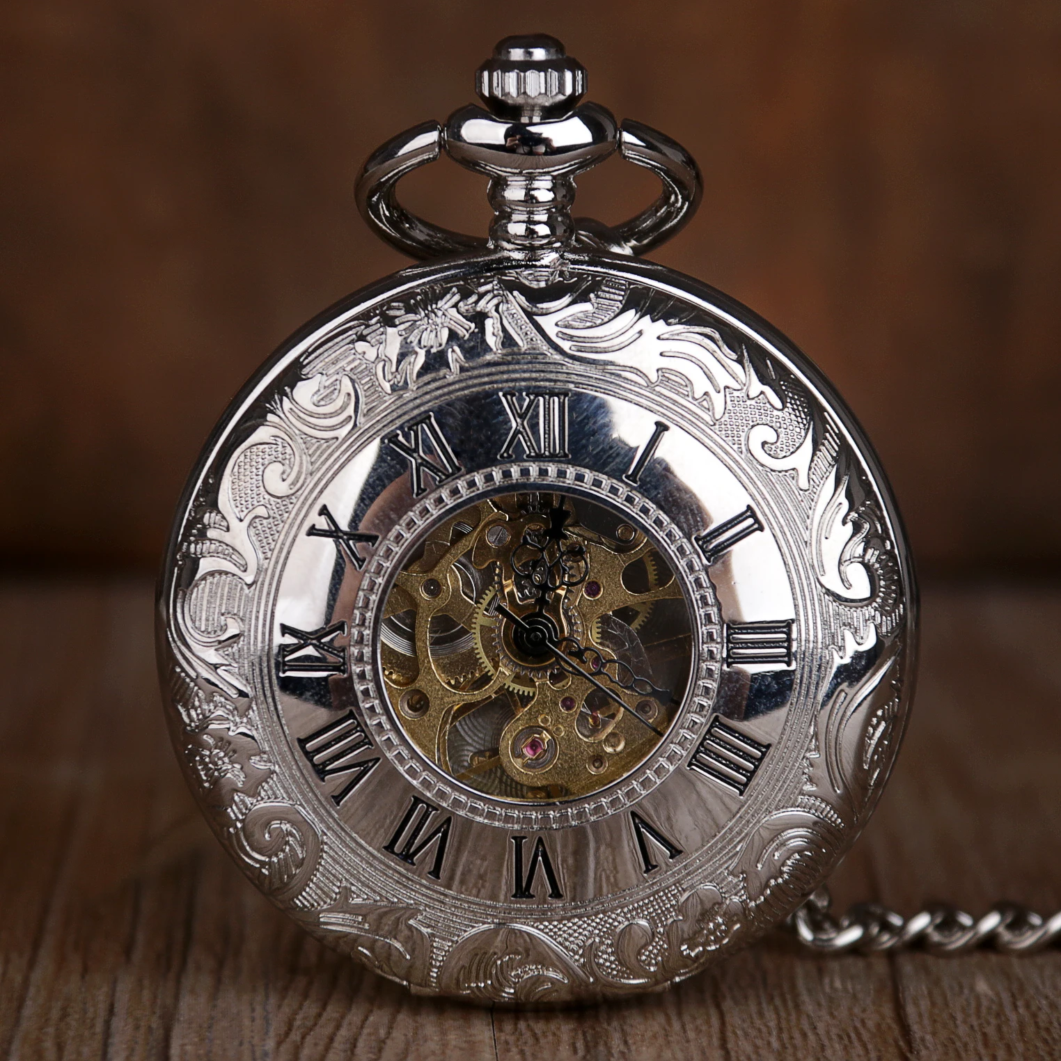 New Silver Mechanical Pocket Watch Mens Classic Elegant Hollow Skeleton Pocket Watch Retro Male Clock Pendant FOB Chain Watches