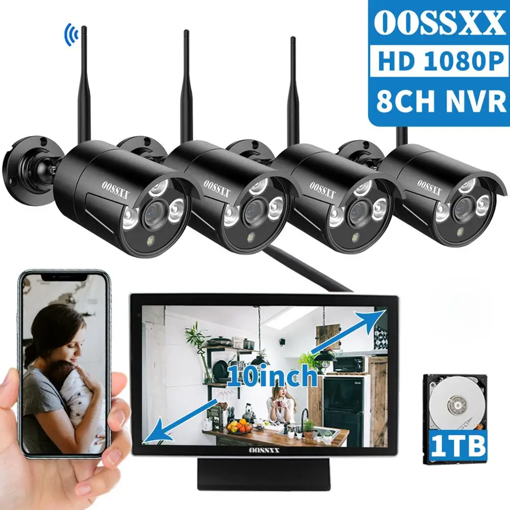 Беспроводная камера видеонаблюдения OOSSXX 8-канальная 1080P NVR 10-дюймовый ЖК-монитор HD