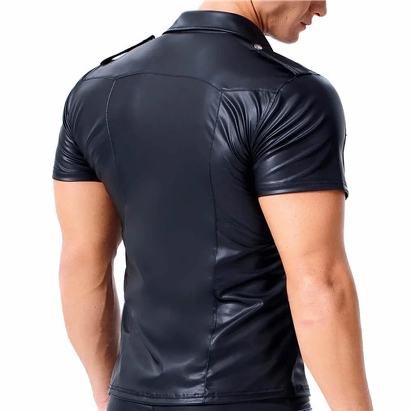 3XL мужские футболки из искусственной кожи, отложной воротник, короткий рукав, рубашки на пуговицах, вечерние, Клубная одежда, уличная одежда, повседневные, мото, мужские топы, футболки