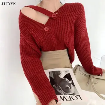 

2020 Autumn Long-sleeve Solid Color Knitted Sweater Women's V-Neck Irregular Bat Sleeve Knitted Women's Fashion Pullover Sweater