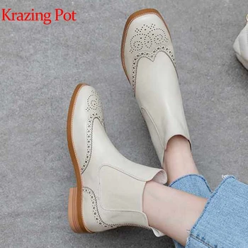 

Krazing pot natural 2019 genuine leather slip on European hollow carving decoration round toe low heels ruffles ankle boots L79