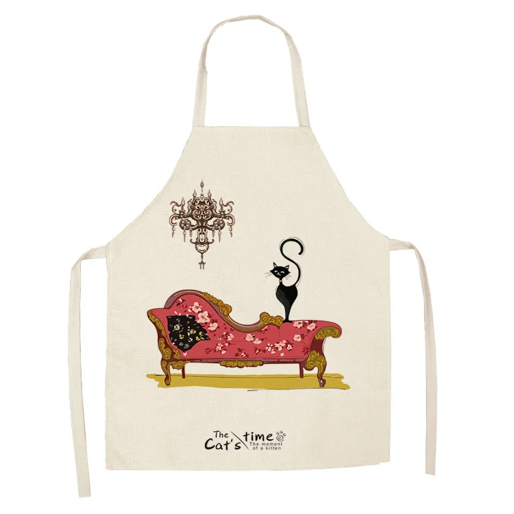 1 Pcs Cute Cat Pattern Kitchen Apron for Women Cotton Linen Bibs Household Cleaning Pinafore Home Cooking Aprons