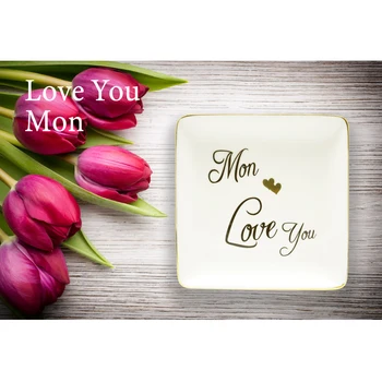 

European ceramics plate Trays Ceramic Jewelry Storage Tray Mom love you Ring Dish Dinner Gold Inlay Porcelain Dessert Plate