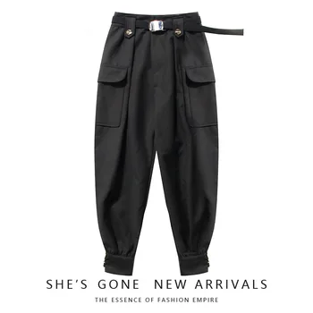 

WOMENGAGA 2020 Spring New Cargo Pants Long Pockets Zipper Patchwork Casual Loose Button Solid Sashes Streetwear Girl Female A290