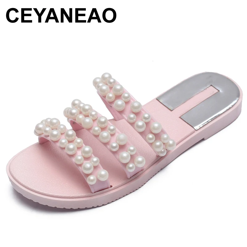 CEYANEAO/шлепанцы с искусственным жемчугом; коллекция года; сезон лето; Милые шлепанцы; Повседневная пляжная обувь; женская уличная обувь без застежки; модная обувь; Размеры 35-40; E105