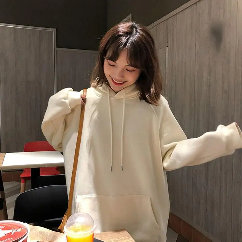 2019 9 цветов зима осень карман Твердые свободные толстовки с капюшоном Harajuku Корея женские с длинным рукавом толстые пуловеры кофты