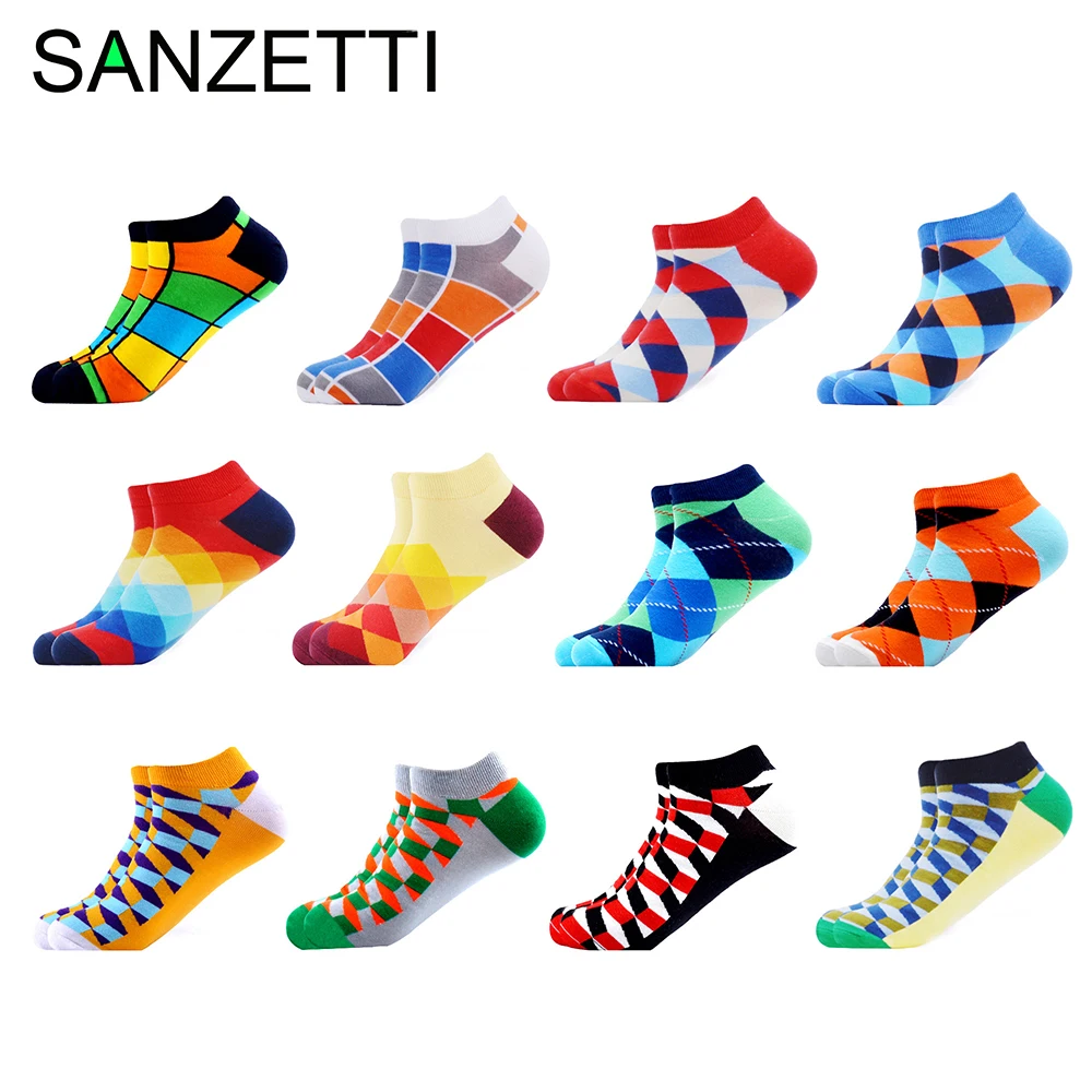 

SANZETTI 12 Pairs/Lot Summer Men's Cotton Ankle Socks Casual Novelty Colorful Geometry Diamond Plaid Dot Boat Short Socks
