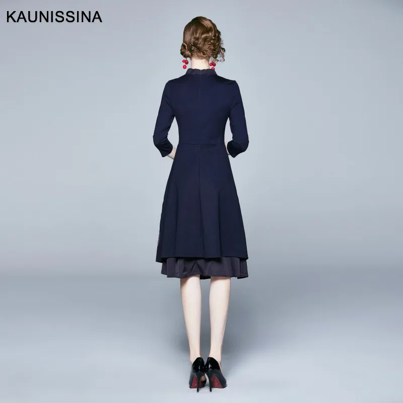 KAUNISSINA Элегантное коктейльное платье стиль вечерние платье 3/4 рукавом v-образный вырез вышивка Винтаж осень-зима платье Vestidos