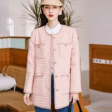 Корейский стиль, женское клетчатое пальто с круглым вырезом, Осень-зима, высокое качество, твидовые куртки B116