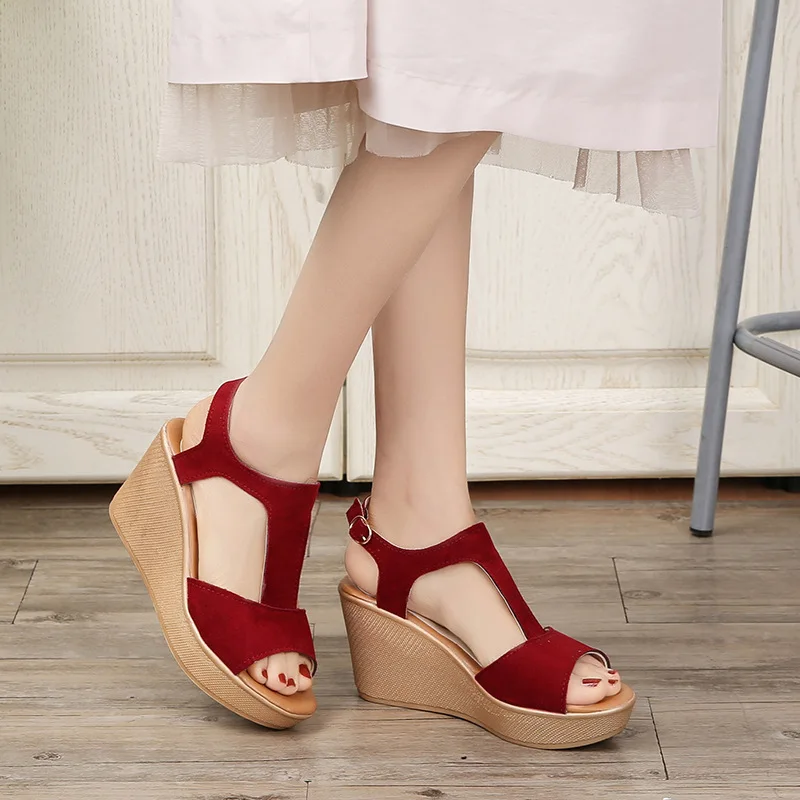 

T-Shaped Women's Fish Mouth Slanted Heel Loose Buckle Sandals 2019 New Style Summer Japanese-style Waterproof Platform High-Heel