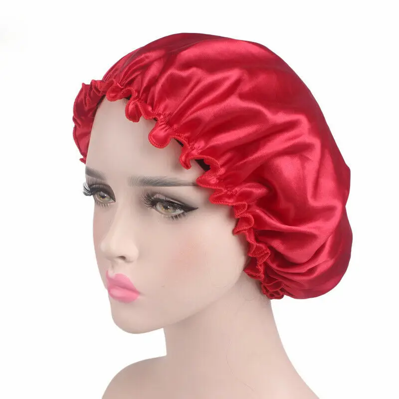 Женский сатиновый однотонный широкополый колпак для сна, ночная шапочка для сна, шапочка для ухода за волосами, ночная шапка для женщин и мужчин, унисекс, шапка Bonnet de nuit - Цвет: Красный