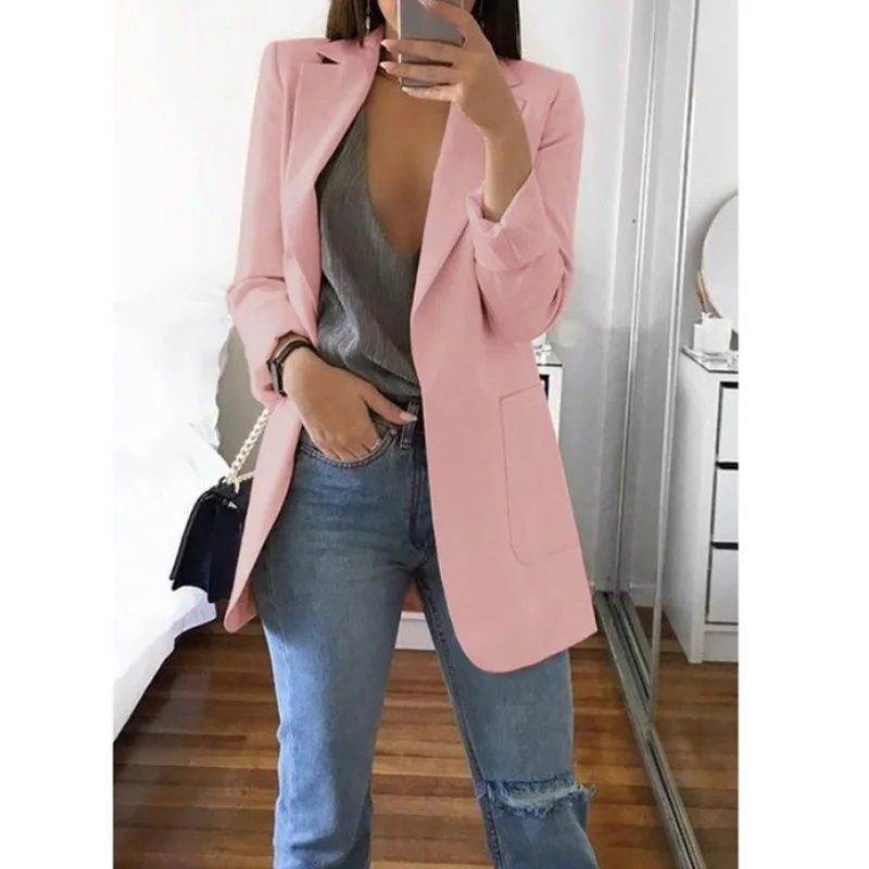 Pink Приталенные женские блейзеры, осенний костюм, блейзеры, куртка для женщин, для работы, офиса, женский костюм, черный с карманами, деловой Блейзер, пальто - Цвет: Pink