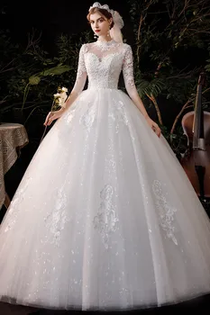 فستان زفاف برقبة عالية 2023 فاخر ثلاثة أرباع كم بأربطة حتى الكرة ثوب Vestido De Noiva مقاس كبير 6