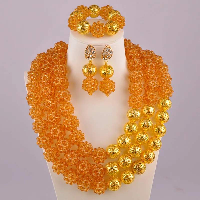 

Champagne Gold African Wedding Beads Crystal Nigerian Necklace Bridal Jewelry Sets