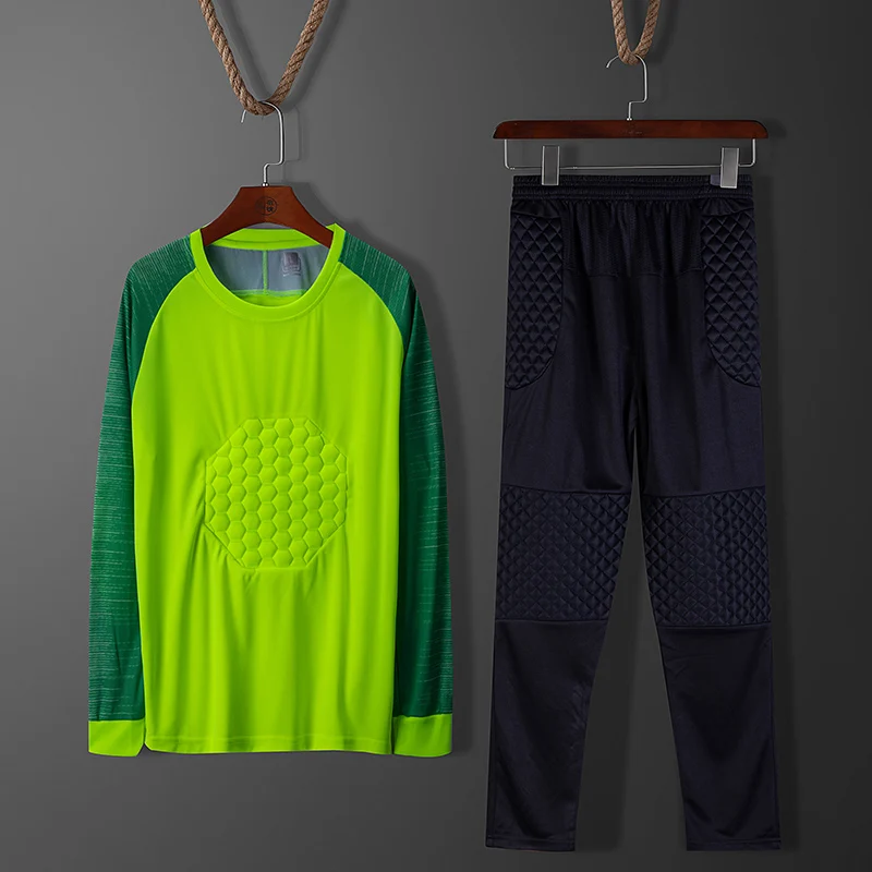 029 green suit Для мужчин Дети Регби Футбол вратаря футбольные майки костюм со штанами рубашки Вратарь Локоть грудь защита для бедер с заплатами на коленях, с принтом на заказ - Цвет: 029 green suit