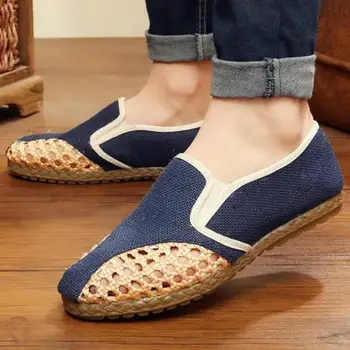 

Summer Breathable Mesh Hemp Canvas Shoes Men Hollow Out Linen Flats Casual Mens Slip On Loafers Lightweight Handmade Cloth Shoe