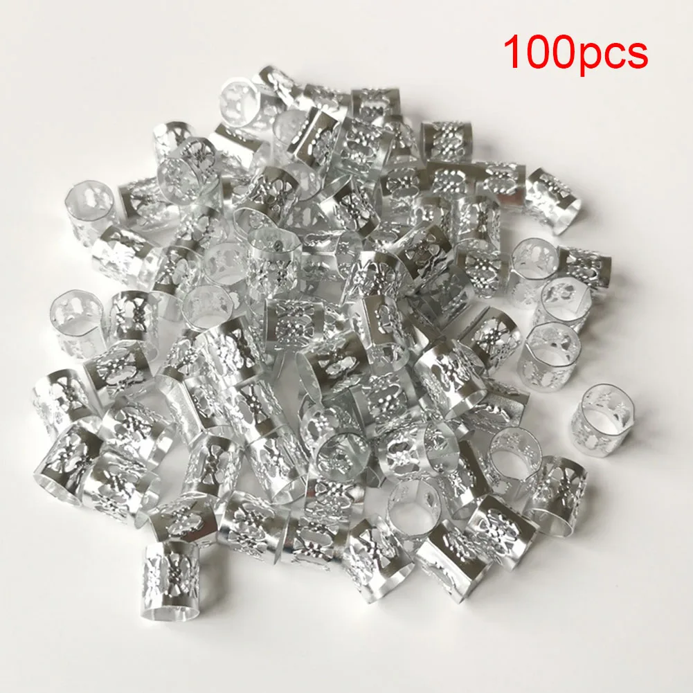 Серебристый 100 Pcs Decoration Mini Bead Aluminum Accessories Dreadlocks Cuff Styling Easy Use DIY Flexible Extension Tool Hair Braid Ring - Цвет: Серебристый